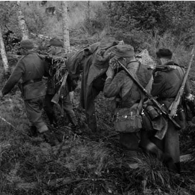 Jatkosodassa haavoittunutta sotilasta kannetaan.