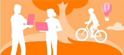 Valkoisia, piirrettyjä hahmoja. Yksi pyöräilee, kaksi seisoo näyttöjen kanssa. Oranssi maisema taustalla. 