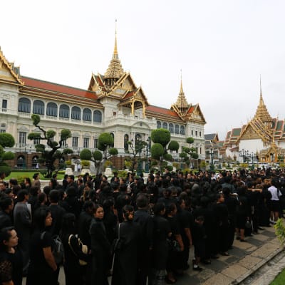 Över 80 000 svartklädda sörjande stod i kö utanför det kungliga palatset i morse i hopp att få en sista glimt av den avlidde kung Bhumipol