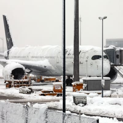 Lufthansan lumen peittämä lentokone Münchenin lentoasemalla.