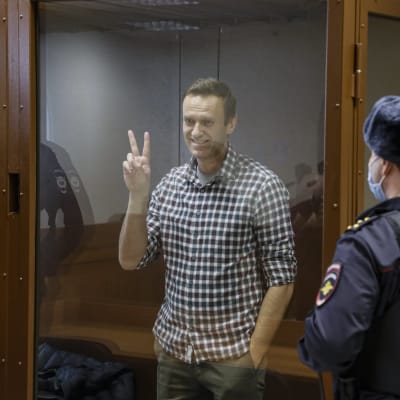 Den ryska oppositionsledaren Aleksej Navalnyj visar segertecknet i rätten
