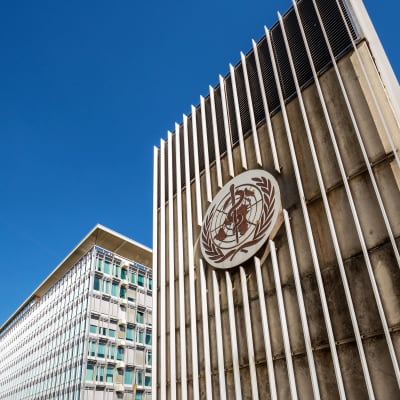 Kuvassa on Maailman terveysjärjestön WHO:n päämaja. Portissa on järjestön logo, jossa on YK:ta kuvaava maapallo ja lehvät ja maapallon keskellä terveydenhuoltoa symboloiva käärme sauvan ympärille kietoutuneena.