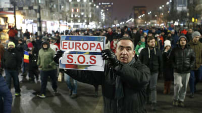 En av demonstranterna i Bukarest vädjade om hjälp från Europa 28.1.2017