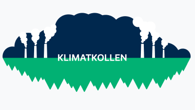 En illustration av skorstenspipor som släpper ut rök och ett grönt fält, med texten Klimatkollen.