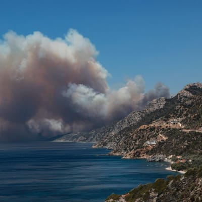  Röken från bränder närmar sig kustorten Vatera på Lesbos den 23 juli 2022.