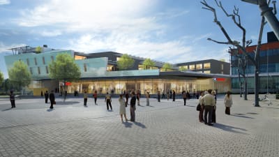 Illustation av hotell och Citymarket vid västra åstranden i Borgå