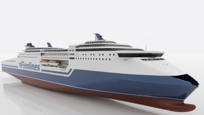 En bild av Finnlines kommande fartyg. Fartyget är vitt med blå logotyp och har ett mer strömlinjeformat utseende i fören.