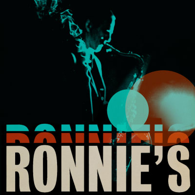 Ronnie's-dokumentin juliste: kuvassa teksti Ronnie's ja tyylitelty saksofonisti siluetissa.