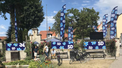 Sverigdemokraternas flaggor och banderoller under Almedalsveckan.