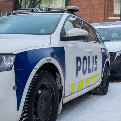 Kaksi poliisiautoa pysäköitynä peräkkäin lumisessa maisemassa oikeustalon edessä