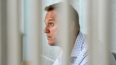Aleksej Navalnyj fotograferad genom galler.