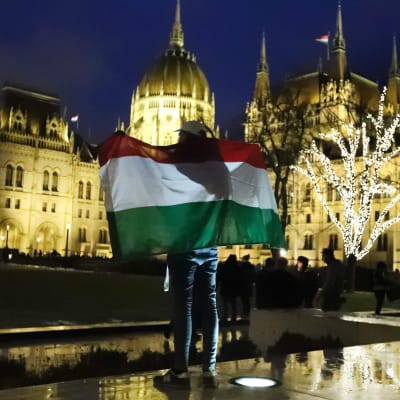 En demonstrant står svept i Ungerns flagga i Budapest.