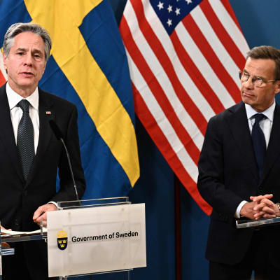 USA:s utrikesminister Antony Blinken och Sveriges statsminister Ulf Kritersson på pressträff i Luleå 30.5.2023.