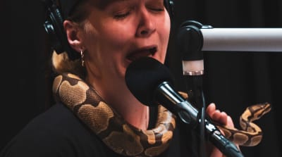 En kvinna med långt ljust hår i tofs och svart keps har en orm runt halsen. Hon sitter vid en mikrofon och ansiktet är vridet i en förfärad grimas.