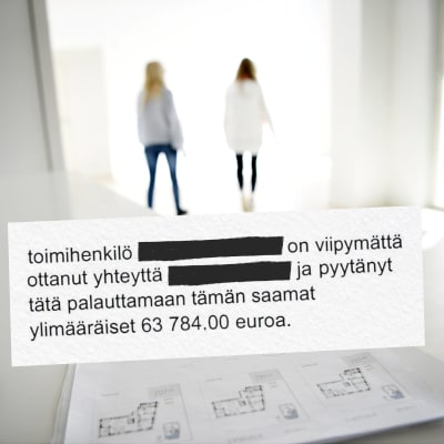 Kuvassa taustalla tyhjä asunto, jossa kävelee kaksi ihmistä. Etualalla on grafiikkana katkelma esitutkinnasta.