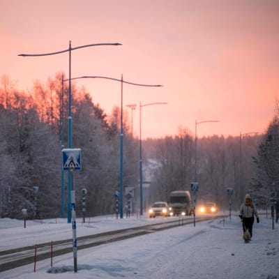 Nainen kävelyttää koiraa lumisessa maisemassa Ivalossa 26. marraskuuta.