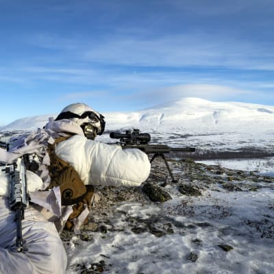 Soldater ligger på en kulle i vinterutrustning och siktar mot ett fjäll.
