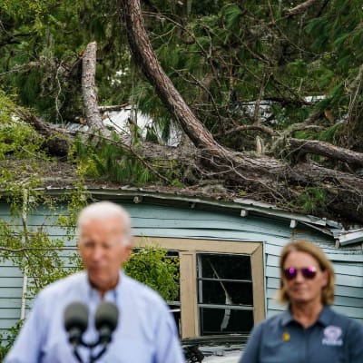 En suddig Joe Biden i förgrunden, i bakgrunden träd som fallit över ett hus.