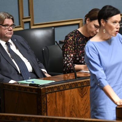 Maarit feldt-Ranta talar i riksdagen med Timo Soini bakom sig.