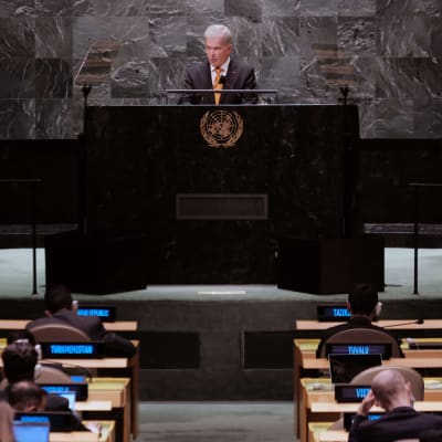 Suomen presidentti Sauli Niinistö pitää puhetta YK:n yleiskokouksessa New Yorkissa.