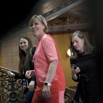 Anna-Maja Henriksson med sina SFP-medarbetare i Ständerhusets trappor