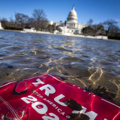Ett plakat från president Trumps valkampanj skvalpar i vattnet. Kongressen i bakgrunden. 