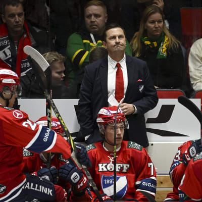 HIFK:s chefstränare Ville Peltonen står i båset och ser fundersam ut.