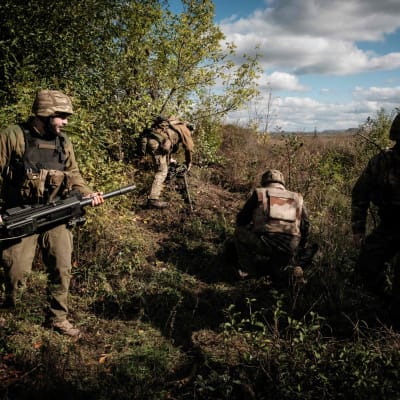 Soldater bär vapen i ett skogsbryn.
