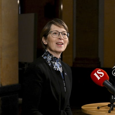 Sari Essayah puhuu median edustajille mikrofonien edessä.