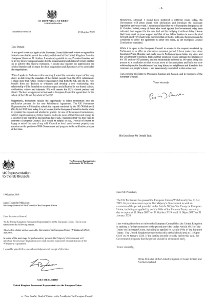 Boris Johnsons brev till EU med begäran om uppskov och ett förklarande brev där han motsätter sig det.