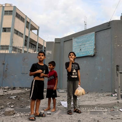 Tre unga pojkar på gatan utanför en mur med stålport, en av dem håller an plastpåse med bröd. 