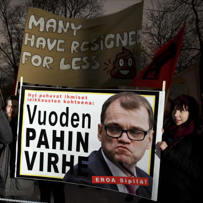 Demonstration mot Juha Sipilä utanför Finlandiahuset