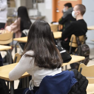 Elever som sitter i ett klassrum med ryggen mot fotografen.