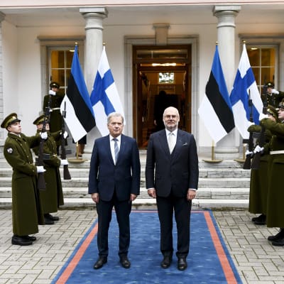 Sauli Niinistö och Alar Karis står vi en stentrappa raka i ryggen. I bakgrunden militär och estniska och finska flaggor samt pelare och en öppen dörr.