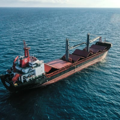 Ett lastfartyg i rött och svart till sjöss. På aktern kan man se namnet Fulmar S.