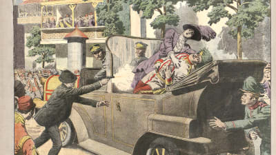 Skotten i Sarajevo illustrerad i den franska tidningen Le Petit Journal den 12 juli 1914.