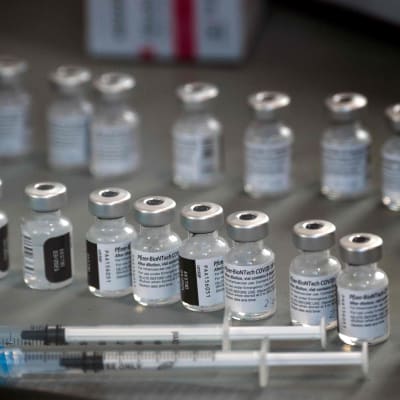 Bild på vaccindoser på rad. I förgrunden två sprutor.