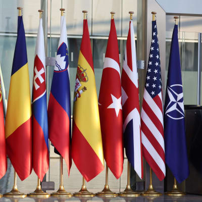 Nato kokoukseen osallistuvien maiden lippuja esillä Brysselissä 24. maaliskuuta.