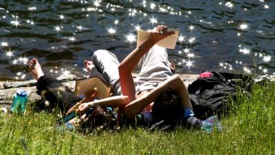 Två personer ligger i gräset och njuter av solen. 