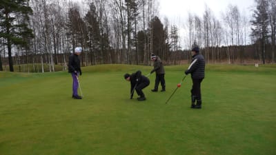 Tapio Järvinen, Svante Nyholm, Kari Collin och Jukka Niemelä spelar golf på en grön gräsmatta i Hangö. Det exceptionella är att det här sker i början av januari 2018.