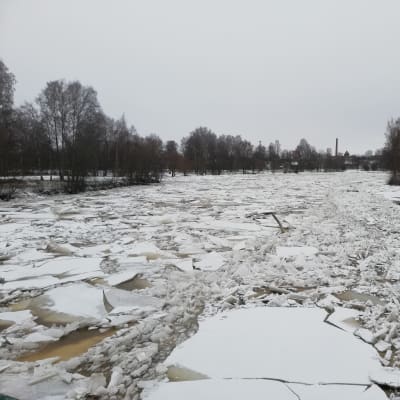 Joki, jossa patoutunutta jäätä.