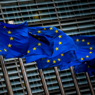 EU:n liput liehuvat Euroopan unionin päärakennusten ulkopuolella.