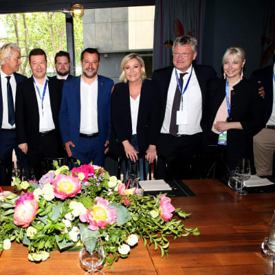 Anders Vistisen, Geert Wilders, Tomio Okamura, Matteo Salvini, Marine Le Pen, Joerg Meuthen, Laura Huhtasaari.