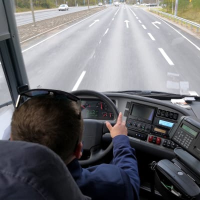 Landsvägsvy från bussfönster.