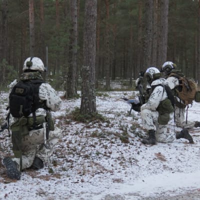 Militärer i kamouflagekläder ivitt på grund av snö. De sitter på huk eller smyger framåt. stridövning, manöver.