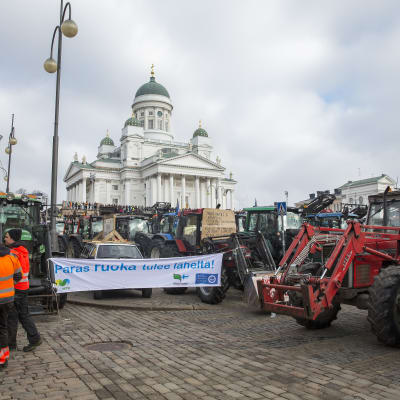 Jordbrukarnas traktorer framför Helsingfors Domkyrka