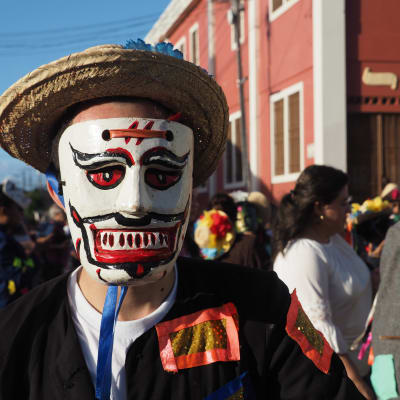 En man i vit-röd mask i förgrunden med karnevalgäster i bakgrunden.