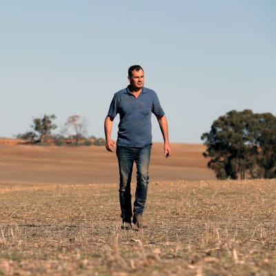 Spannmålsodlaren Rhys Turton promenerar på sin tomma kornåker i västra Australien