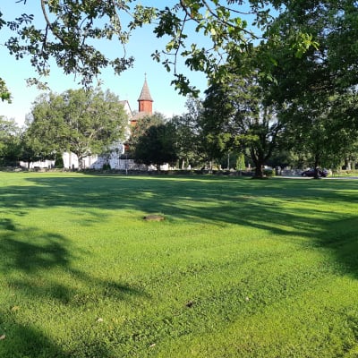 En stor gräsmatta framför Ingå kyrka som heter Kyrkparken.