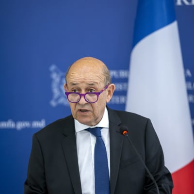 Frankrikes försvarsminister Jean-Yves Le Drian står vid ett talarpodium och pratar